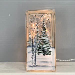 May include: A rectangular glass block night light featuring a winter scene. The artwork depicts snow-covered evergreen trees and birch trees against a snowy landscape. The light illuminates the scene, creating a warm glow. The night light has a white cord.
