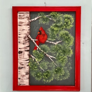 Cardinal with birch tree rustic farmhouse decor Window screen painting