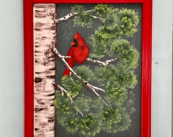 Cardinal with birch tree rustic farmhouse decor Window screen painting