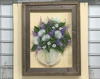 Window repurposed glass barn wood frame painted vase with lilacs, daisies, queen Ann’s lace vintage flower scene