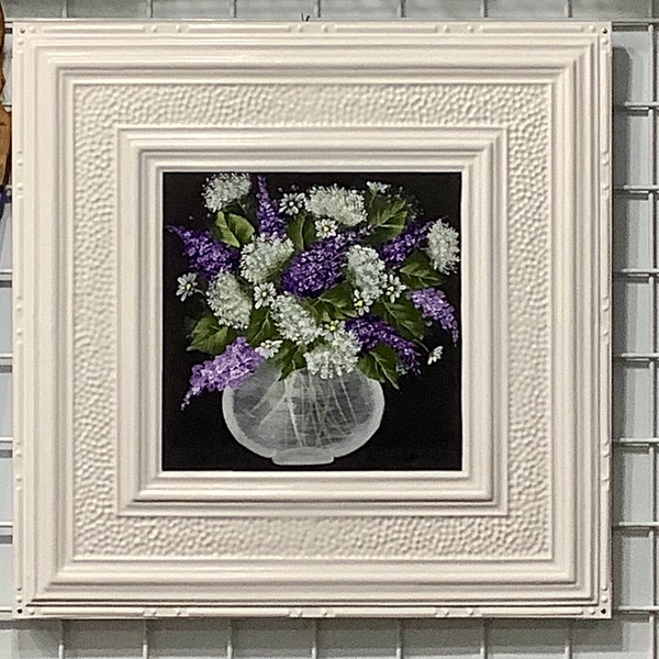 Ceiling tile acrylic painting vase bouquet framed repurposed art tile hand painted tile