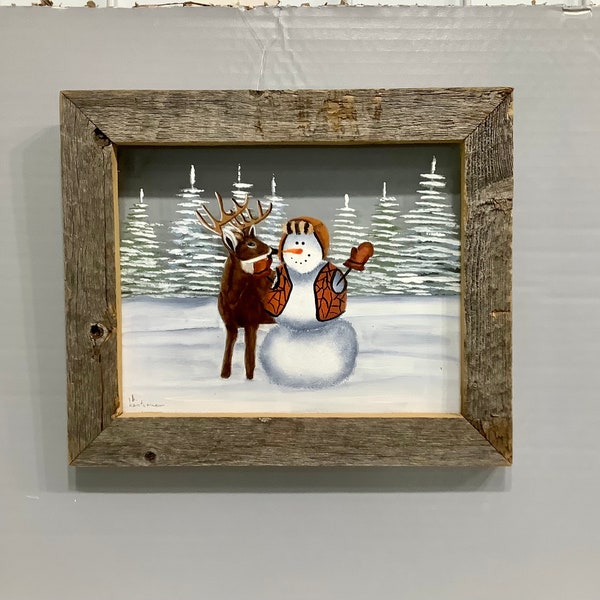 Framed glass painting snowman hunter with deer