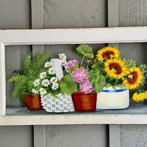 Container garden with sunflowers vintage window painting