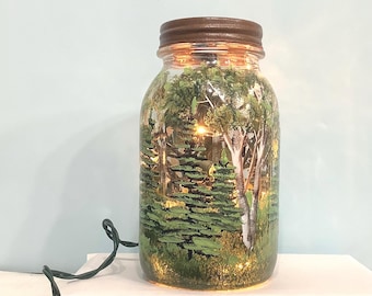 Hand Painted Forest Mason Jar Night Light: Birch & Fir Tree Scene