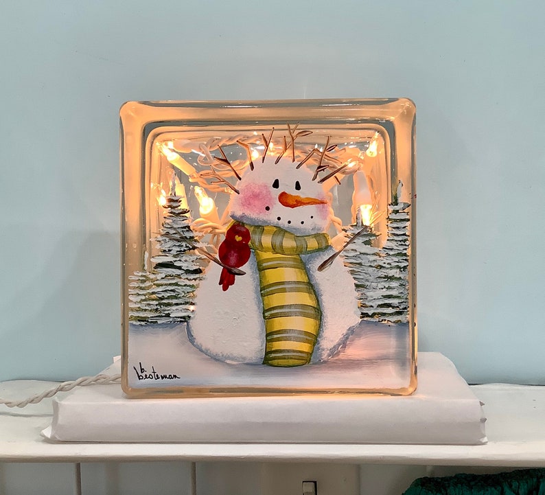 Glass block small snowman bad hair day with cardinal