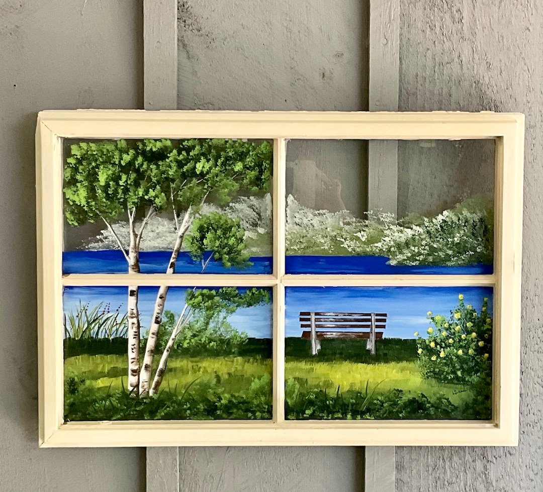 By the Lake Vintage Window Painting