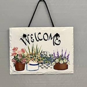 Hand-Painted Slate Welcome Sign: Floral Pots, Indoor/Outdoor Decor
