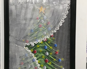 Screen art vintage art painted on screen wall hanging curtain Xmas trees