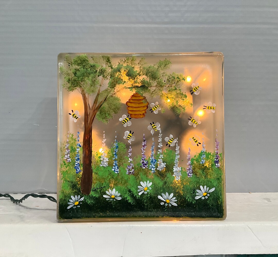 Glass Block Light Night Light Garden With Bees Etsy