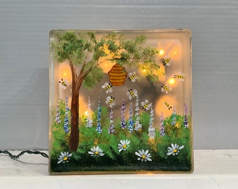 Glass block light night light garden with bees
