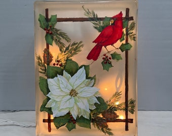 Glass Block light-Cardinal with poinsettia