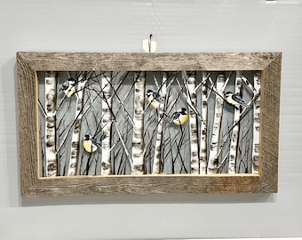 Chickadee and birch tree window barnwood frame hand painted