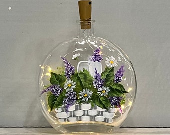 Bottle  light hand painted glass Basket lilacs and daisy