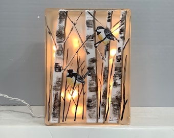 Glass block small chickadee birch tree