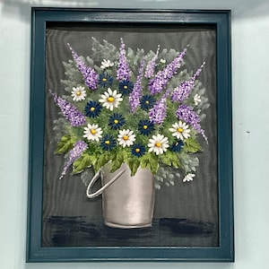 Bucket lilacs and daisies. Window screen art wall hanging home decor porch decor