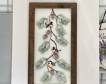 Window wall art vintage glass art chickadee and branches