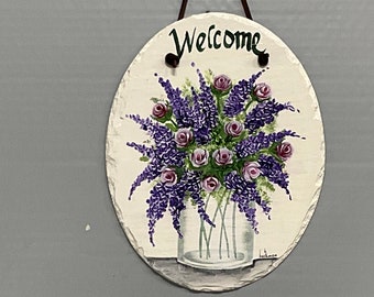 Slate welcome sign vase lilac and roses