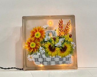 Night light glass block light basket fall flowers