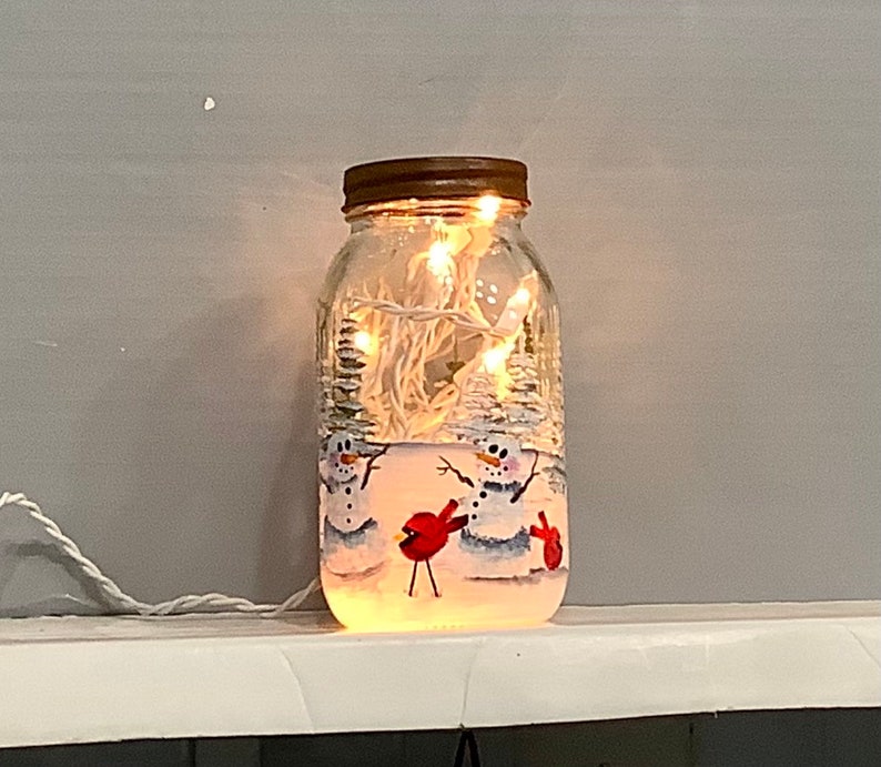 Mason jar light snowmen with cardinals image 1