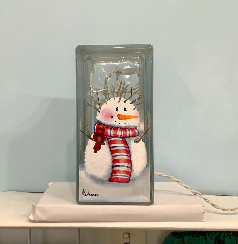 Glass block small snowman bad hair day with cardinal