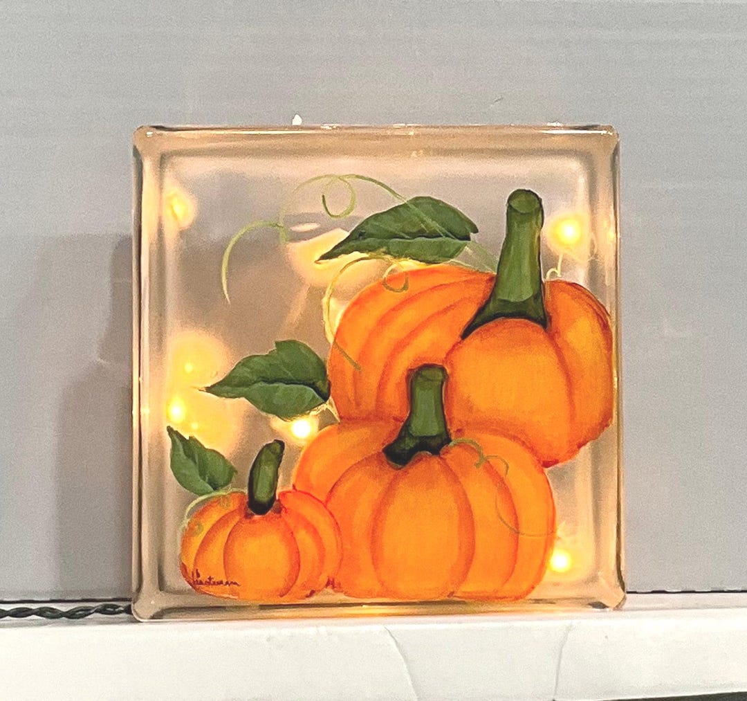 Fall Glass Block Light 3 Pumpkins Large and Small Plug in or Battery ...