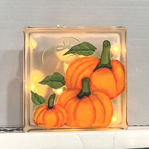 Fall glass block light  3 pumpkins large and small plug in or battery pack