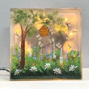 Glass block light night light garden with bees electric plug in or battery pack