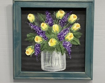 Vase lilas et tulipes sur paravent encadré