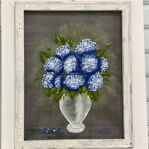 Screen painting-Antique blue hydrangeas Window screen painting vintage style vase
