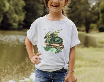 Kinder Drachen Shirt für Mädchen die Bücher lieben Süßes Lese T-Shirt mit Blumen Einzigartiges Geschenk für junge Leser Leseratte T-Shirt Bücherwurm Kinder Geschenk