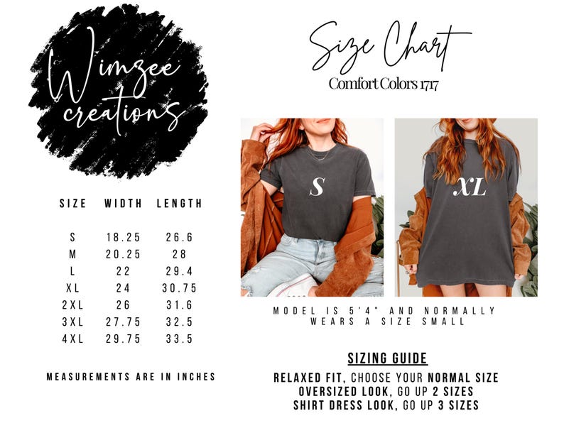 Pu&ograve; includere: Una tabella delle taglie per le t-shirt Comfort Colors 1717 di Wimzee Creations. Include una tabella con le misure di larghezza e lunghezza in pollici per le taglie dalla S alla 4XL e due foto che mostrano una t-shirt grigio antracite in S e XL.