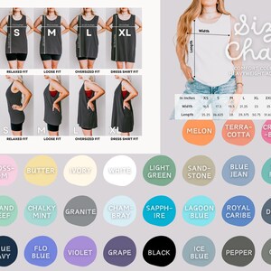 Pu&ograve; includere: Una tabella delle taglie per canotte da adulto Comfort Colors 9360, con foto frontali e laterali delle taglie dalla S alla XL, una tabella delle misure in pollici e una tavolozza di colori con etichette come Melon, Blossom, Butter e Black.