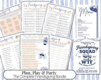 May include: A collection of Friendsgiving party game printables, including a menu, dice game, and "Never Have I Ever" game. The designs feature a blue and white striped background with decorative borders and text. The bundle is designed for a Friendsgiving celebration.