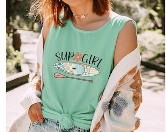 Regalo per gita al lago per ragazze, divertente canotta da paddleboard, colori comodi, maglietta da SUP abbinata, stile retrò boho, outfit estivo, maglietta per vacanze di gruppo, regalo per avventura al lago