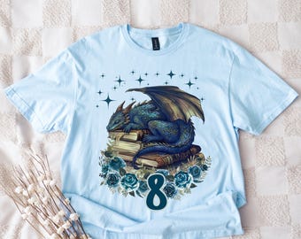 Benutzerdefinierte Kinder Geburtstag Shirt Drachen & Buch Shirt Kinder T-Shirt für Leser Niedliches Fantasy Shirt für Bücherwurm Kinder Geschenk für Mädchen, die Drachen lieben