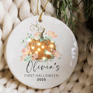 Personalized “Baby’s 1st Halloween” Ornament – Custom Name, Fall Pumpkin and Flowers Keepsake Gift