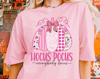 Lehrer Halloween Shirt Hokus Pokus Pink Kokette Kürbis T-Shirt mit Schleife Komfort Farben Herbst Shirt Spitze Patchwork Süßes Spooky Top