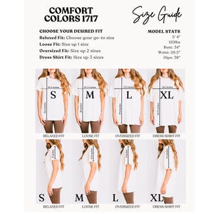 K&ouml;nnte beinhalten: Eine Comfort Colors 1717 Gr&ouml;&szlig;entabelle mit wei&szlig;en T-Shirts in den Gr&ouml;&szlig;en S, M, L und XL. Die Grafik zeigt Vorder- und Seitenansichten mit Ma&szlig;en in Zoll f&uuml;r lockere, weite, &uuml;bergro&szlig;e und hemdartige Passformen sowie Model-Statistiken.