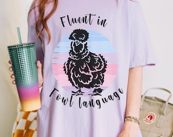 Funny Silkie Chicken T-shirt, Fluent in Fowl Language, Retro Pastel Sunset Tee, Unisex Tee, Chicken Lover Gift, Silkie Chicken Shirt