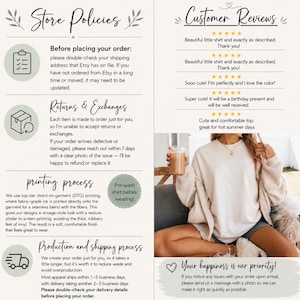 K&ouml;nnte beinhalten: Eine Informationsgrafik mit Shop-Richtlinien, Kundenbewertungen und einer Erl&auml;uterung des Druckprozesses. Die rechte Seite zeigt ein Foto einer Person, die ein lang&auml;rmeliges, beiges Sweatshirt mit Rundhalsausschnitt tr&auml;gt und ein Getr&auml;nk h&auml;lt.