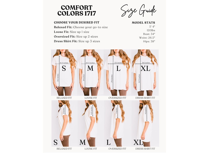 Pu&ograve; includere: Una tabella delle taglie Comfort Colors 1717 con t-shirt bianche nelle taglie S, M, L e XL. La tabella mostra viste frontali e laterali con misure in pollici per larghezza, lunghezza e maniche, insieme alle statistiche del modello e opzioni di vestibilit&agrave;.