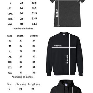 May include: Size chart for Gildan 5000 Unisex Heavy Cotton Tee, sweatshirt, and hoodie. Includes measurements in inches for width, length, and chest. Sizes range from S to 4XL.