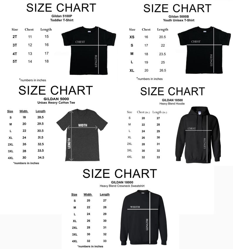 Puede incluir: Tablas de tallas para camisetas, sudaderas con capucha y sudaderas Gildan. Las tablas incluyen medidas para tallas de ni&ntilde;o, joven y unisex. Las medidas est&aacute;n en pulgadas para el pecho, el ancho y el largo.
