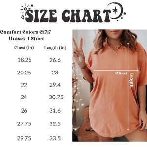 Puede incluir: Tabla de tallas para una camiseta unisex Comfort Colors C1717. La tabla incluye medidas de pecho y largo en cm para las tallas S a 4XL. Se muestra una camiseta naranja con indicadores de pecho y largo.