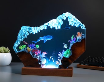 Diver and Whale shark resin art lamp, ocean resin decoration, custom night light, wood resin decor, gift for him, desk lamp