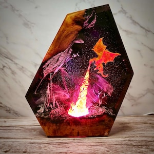 Fire Dragon Resin Lamp, Handmade Fantasy Night Light, Epoxy Art Dragon Statue, Unique Gift for Gamer & Home Decor, Space night lights