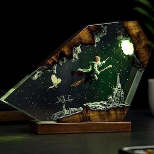 Diorama Wizard Boy Flying lamp, Handmade Custom Magic World Night Light, Unique Gift, Personalized Decor, Fantasy Magic Castle Night Light