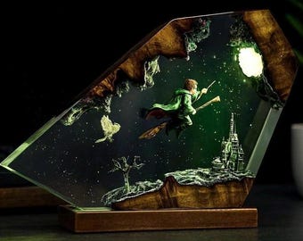 Diorama Wizard Boy Flying lamp, Handmade Custom Magic World Night Light, Unique Gift, Personalized Decor, Fantasy Magic Castle Night Light
