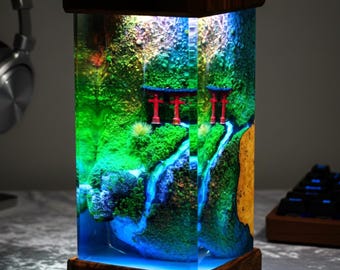 Japanese Torii Resin Lamp, Handmade Waterfall Landscape LED Light, Zen Nature Desk Decor, Relaxing Ambient Night Lamp, gift for him