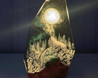 Aurora Borealis Harz Lampe, handgemachte Howling Wolf Nordnachtlicht, Dekor-Lampe, Kunstwerk Geschenk für sie, Vatertag, Chrismas Geschenk